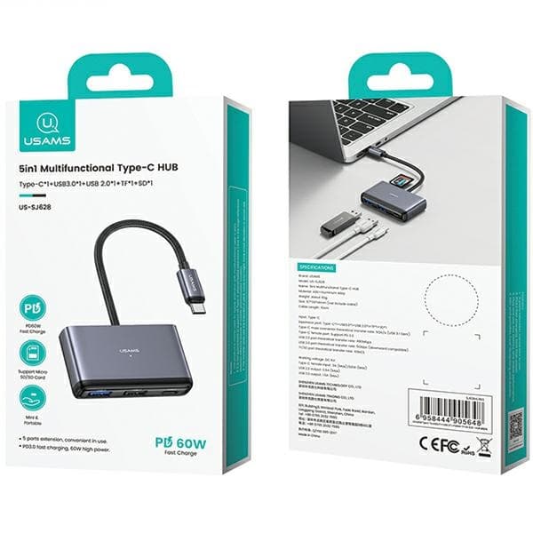 USAMS Adapter HUB 5in1 USB 2.0/USB 3.0/USB-C/TF/SD grå/mörkgrå SJ628HUB01 (US-SJ628)