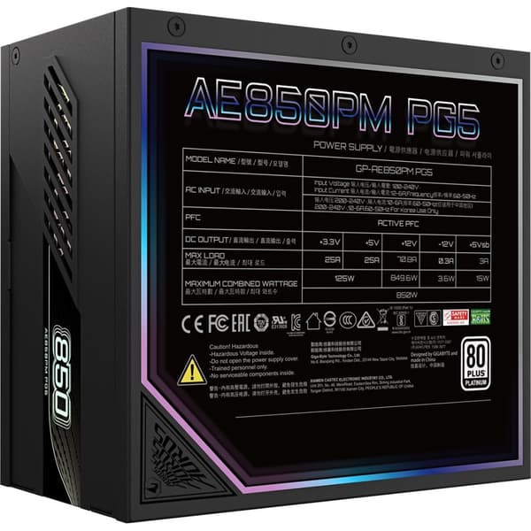 Gigabyte Aorus Elite Platinum ATX 3.1 850W Sort PC Strømforsyning