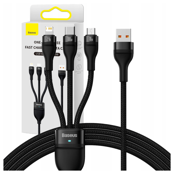 Baseus Flash Series 3-i-1 USB-kabel, USB-C + micro-USB + Lightning, 100W, 1,2m (svart)