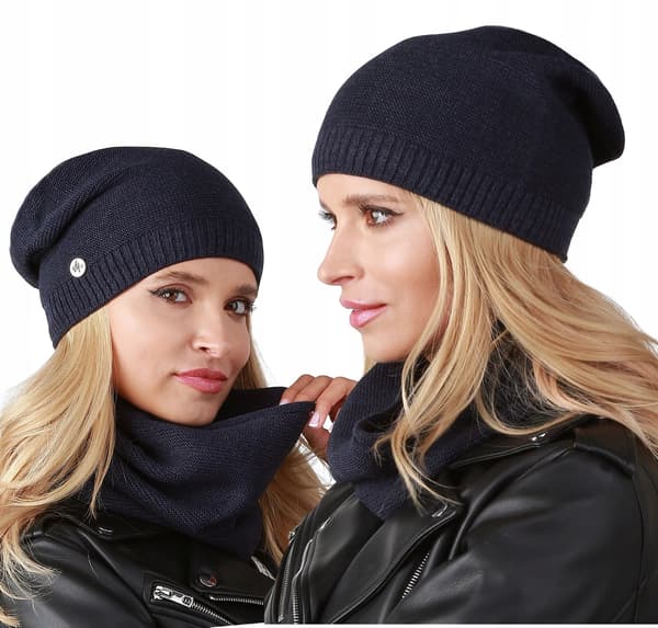 Dame vinterhue med snood marineblå B1
