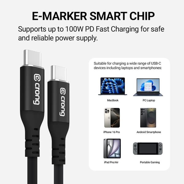 Crong Soft Link - 100W PD 5A USB-C till USB-C-kabel 120cm (svart)