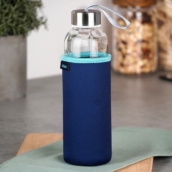 Vattenflaska i glas med fodral marinblå 540 ml
