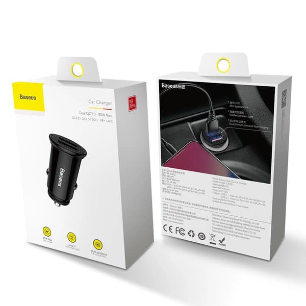 Baseus Circular Smart Biloplader 2x USB QC3.0 Hurtigopladning 3.0 SCP AFC 30W Sort (CCALL-YD01)