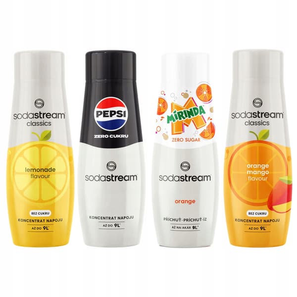 SODASTREAM Pepsi Zero + Mirinda Zero + Appelsin-Mango + Lemonade sirup 4 stk.