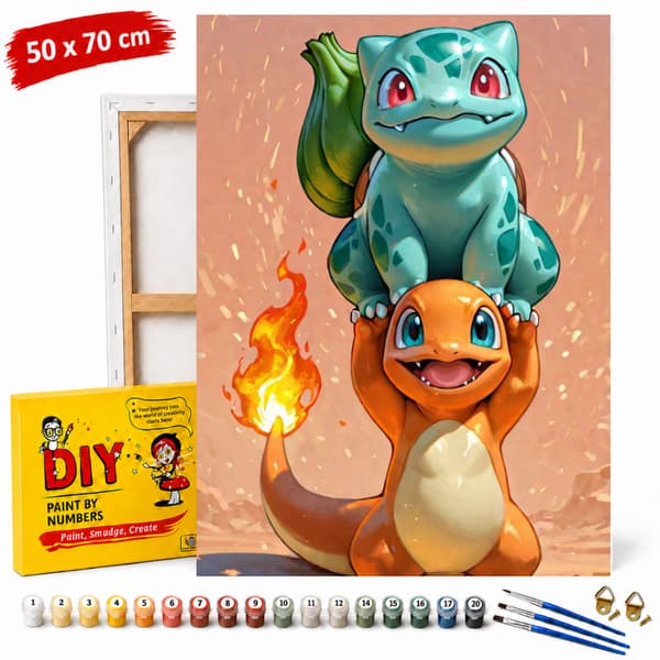 Pokémon måla efter nummer-bild med ram Bulbasaur och Charmander 50x70cm