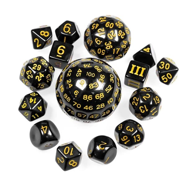 RPG-tärningar svarta och gula set med 15 tärningar
