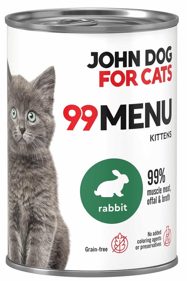 John Dog til Katte | 99 menu | Vådfoder til Katte på dåse 400g - Killing | Kanin 400g