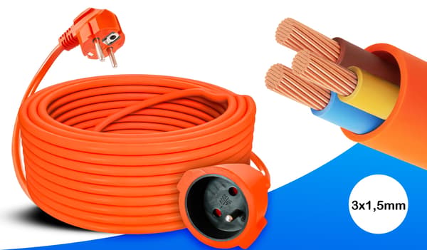 Forlængerledning til havearbejde, plæneklippere, save, trimmere 30M 3x1,5mm
