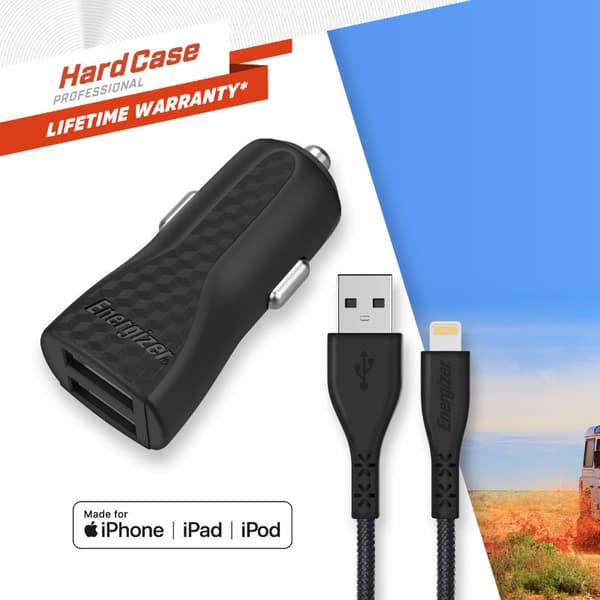 Energizer HardCase - Biloplader 2x USB-A 17W 3.4A + Lightning-kabel MFi-certificeret (sort)