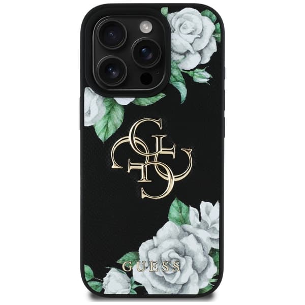Guess Grained Roses Big 4G logo cover til iPhone 16 Pro Max sort