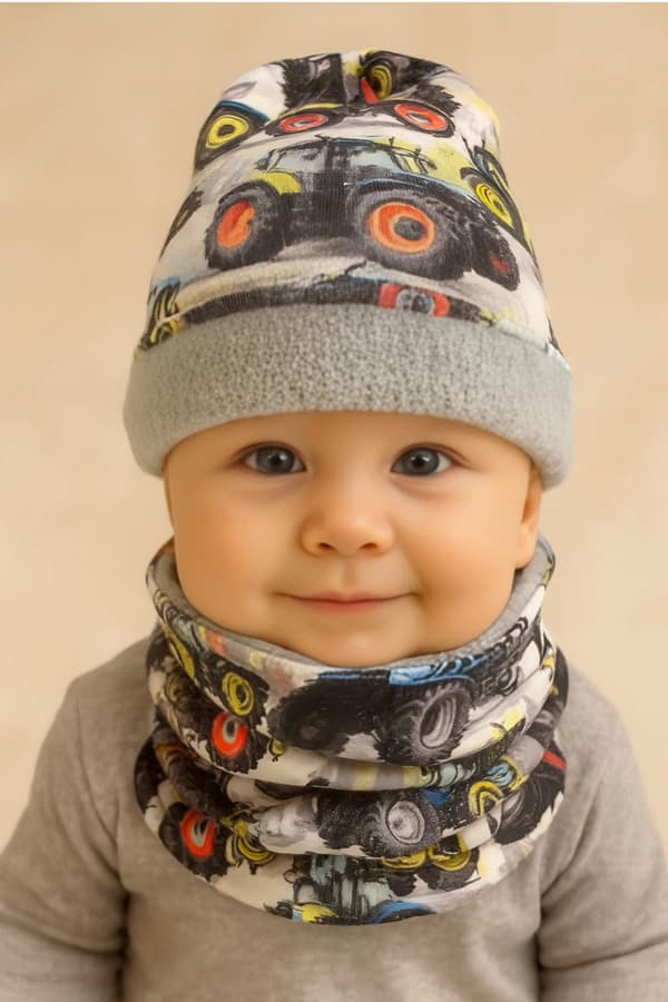 Babyset: mössa och halsduk 74-86 pojke traktor höst