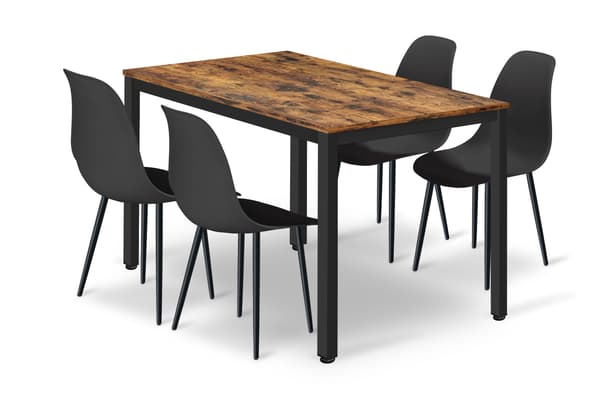 TESSA Bordsæt 120 cm x 60 cm - rustikt / sorte ben + 4 WAT sorte stole / sorte ben