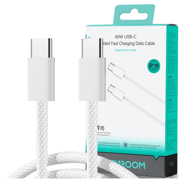 Joyroom S-A45 USB-C till USB-C-kabel, 60W, flätad, 1m (vit)