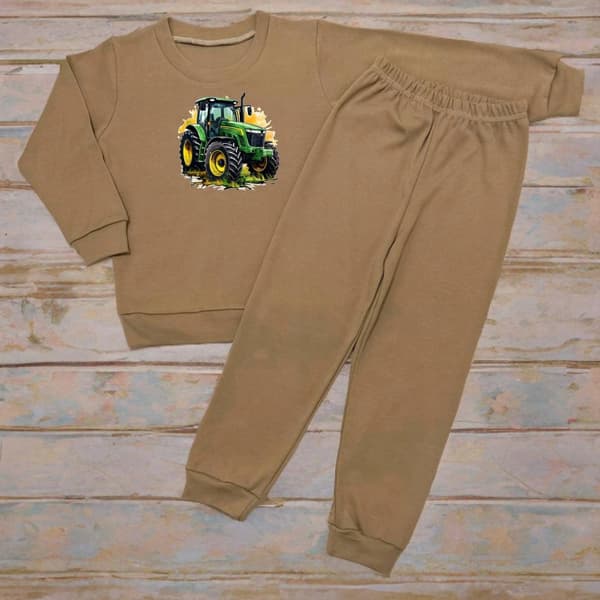 BARNPYJAMAS 92 för POJKAR 100% bomull TRAKTOR tryck beige