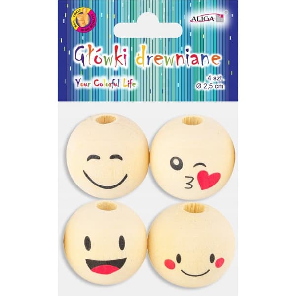 Træperlekugler SMILE FACES 2,5 cm 4 stk.