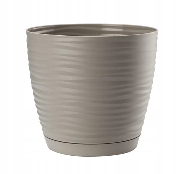 Ljusgrå plastblomkruka med fat 14,7x13,6cm