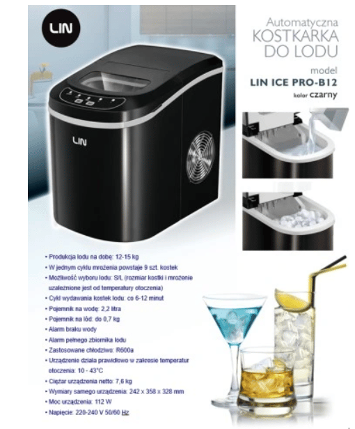 LIN ICE PRO-B12 isterningmaskine sort, 2,2 l, effekt 112 W
