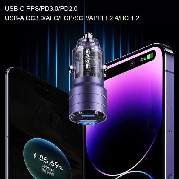 USAMS Biloplader C36 USB+USB-C 95W Fast Charge sort/sort CC176CC01 (US-CC176)