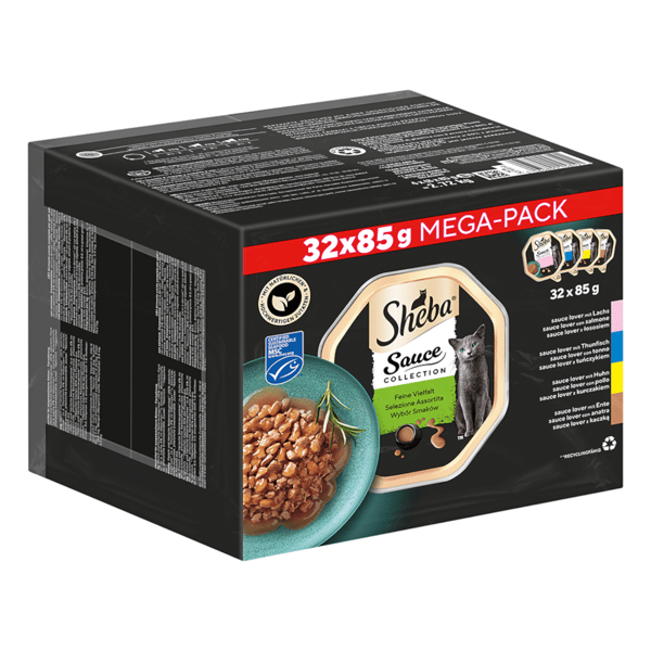 Vådfoder til katte SHEBA Mega Pack Fjerkræ og Fiskebakke 32x85g