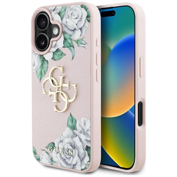 Guess Grained Roses Big 4G logo cover til iPhone 16 pink