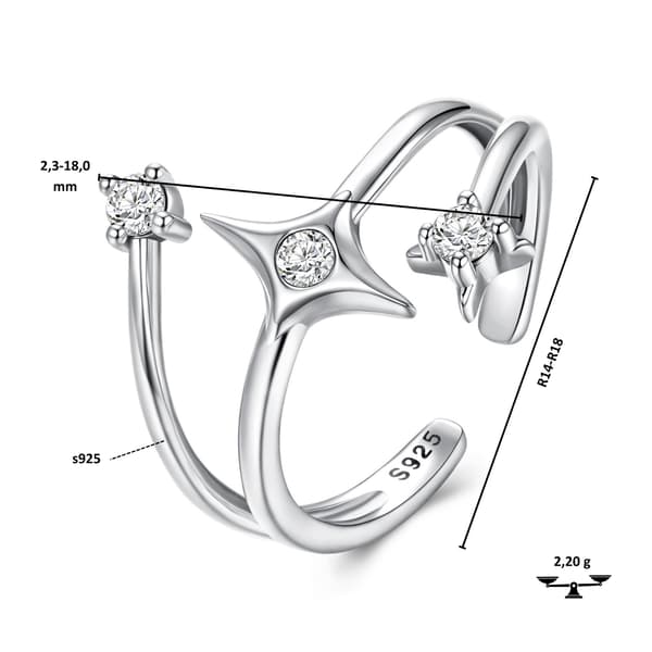 Justerbar silverring med KRISTALLSTJÄRNOR, 925 silver