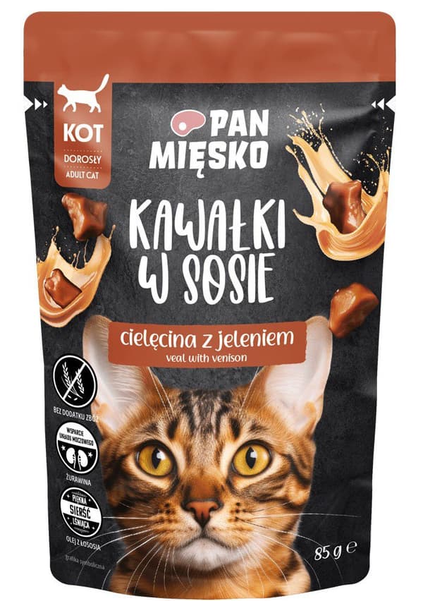 Pan Meat | Fuld vådfoder til katte | Stykker i sovs - 85g pose - Kalvekød med hjorte 85g