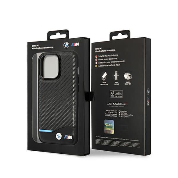 BMW Læder Carbon Blue Line - iPhone 14 Pro Etui (Sort)