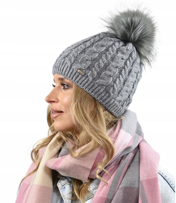 VARM DAMVINTERMÖSSA med pompom, fleecefodrad BEANIA Grå UNI