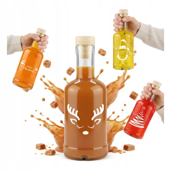 5x PRESENTFLASKOR MED LIKÖR, DRYCKER, JUICE TADEK 250ml JULPRINT