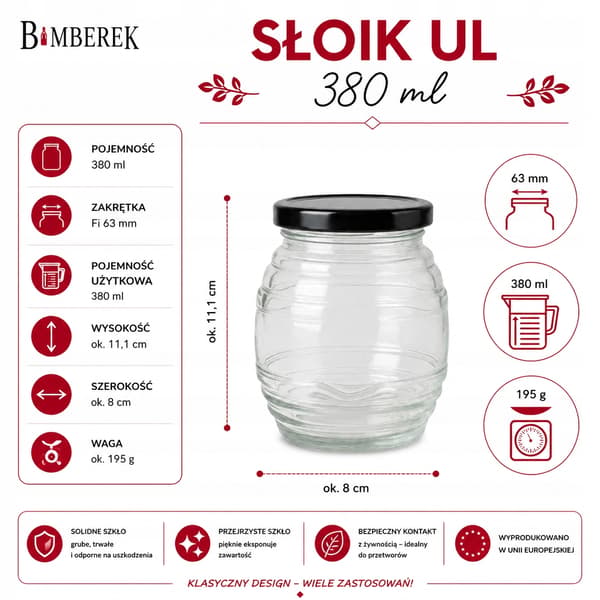 UL-glasburk 380 ml för honung, konserver, sylt, dekorativ present
