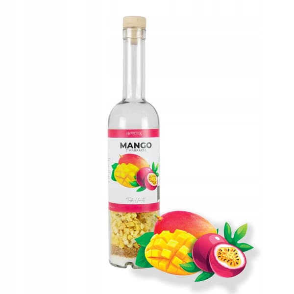 500 ml:n pullo hedelmillä OMA MANGO- JA PASSIONHEDELMÄLIKÖÖRI - Tee-se-itse