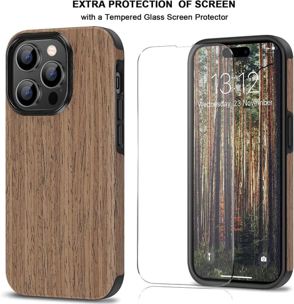 Härdat glasfodral för iPhone 14 Pro Max 6,7' träimitation A2894 A2651