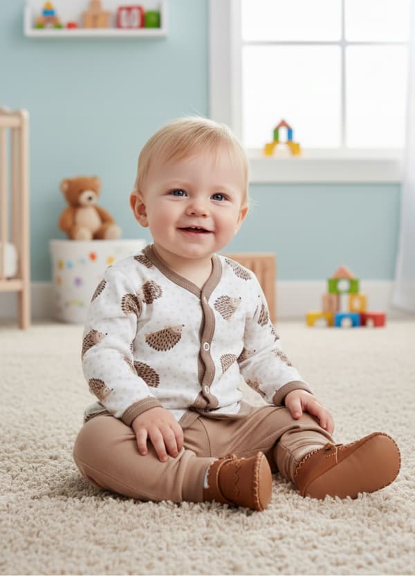 KAFTAN spädbarnskaftan 74 tröja knäppbar långärmad igelkottar beige