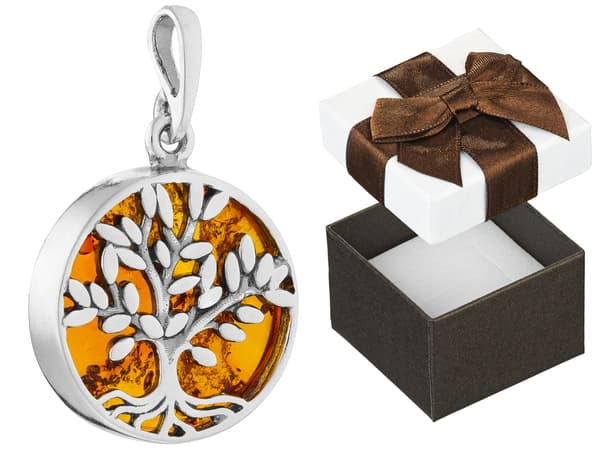 Sølvoxideret Livets Træ Vedhæng med Rav Heldig Amulet