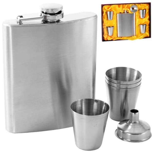Stålfaska med tratt och glas 6 st