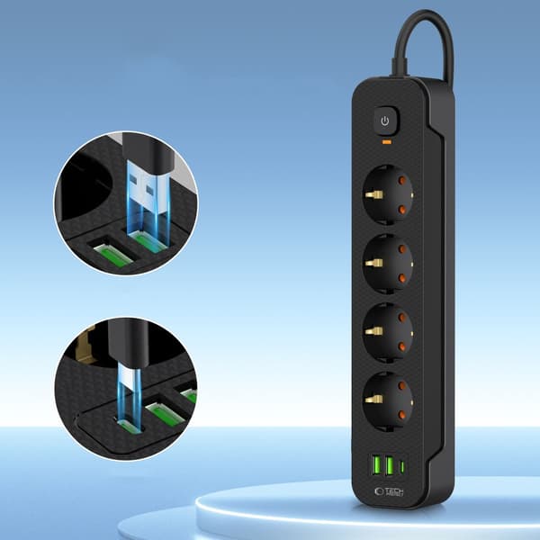 TECH-PROTECT PCL4X3 JATKOJOHTO PITKÄ 2 USB & 1 TYPE-C & 4 PISTORASIA 200CM MUSTA