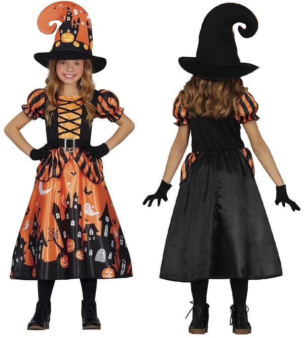 Orange heksekostume til 5-6 år