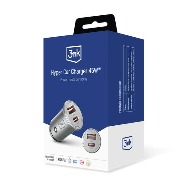 Tilbehør - 3mk Hyper Biloplader 45W PD QC PPS USB 1A1C Sølv