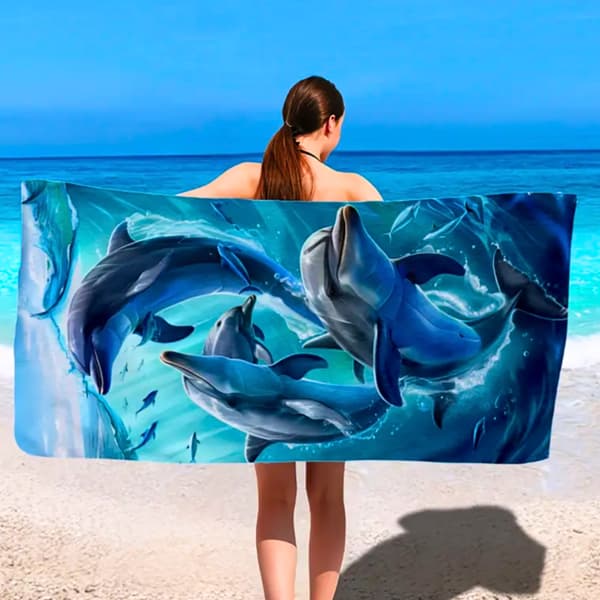 Strandhåndklæde i mikrofiber med delfiner, hurtigtørrende 3D, 150x75 cm