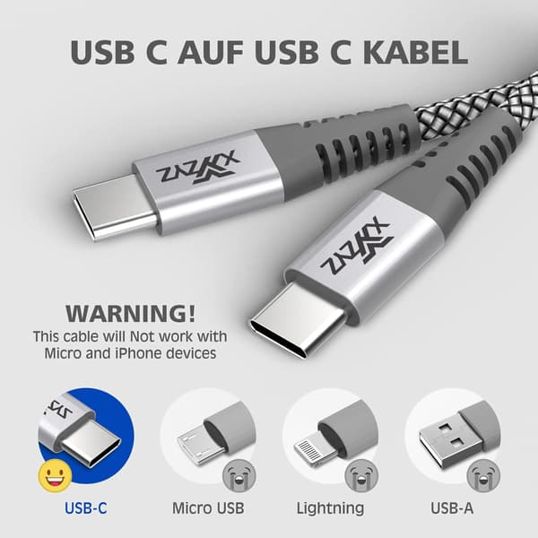 2x USB C TIL USB C HURTIGOPLADNINGSKABEL GRÅ 60W 20V 3A 2M
