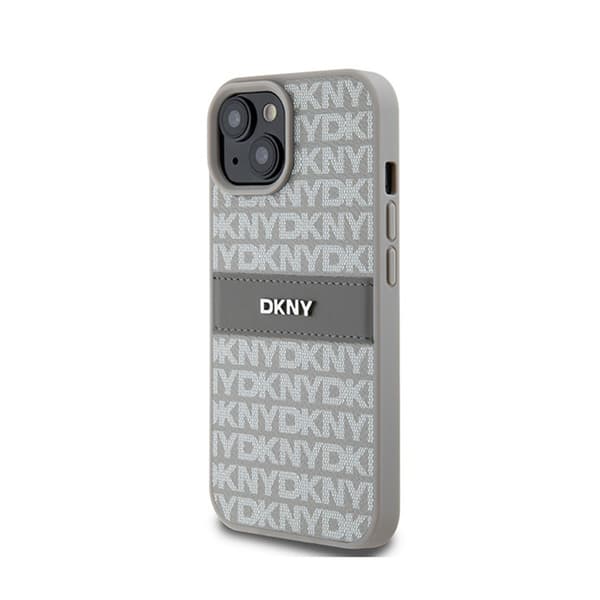 DKNY Läder Mono Stripe & Metalllogotyp - iPhone 15 Plus / 14 Plus-skal (Beige)