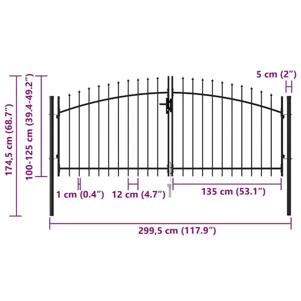 vidaXL Dubbelgrind med spikar, stål, 3x1,25 m, svart