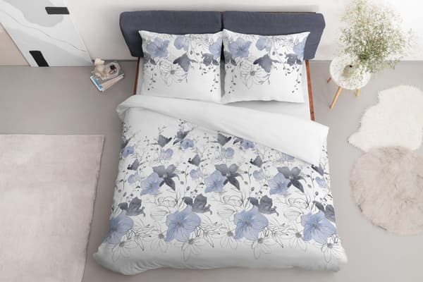 Satin Sengetøj 220x200 Blomster Blå Lys Satin