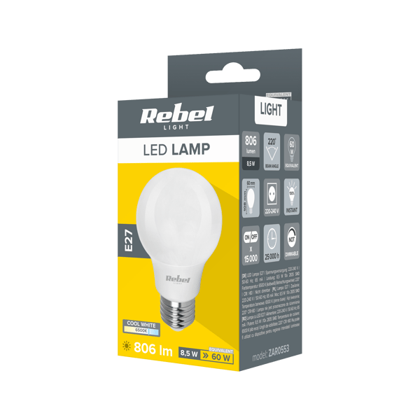 LED-lampa 8,5W E27 A60 806lm 6500K Rebel