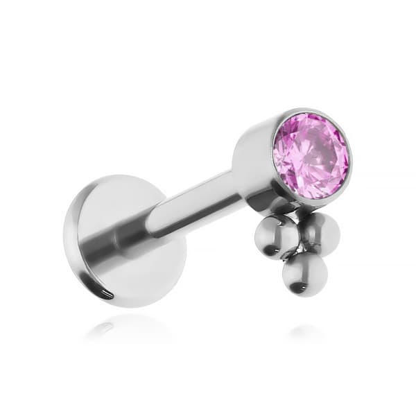Titanium labret ørering med pink zirkon - sølv 1.2/8