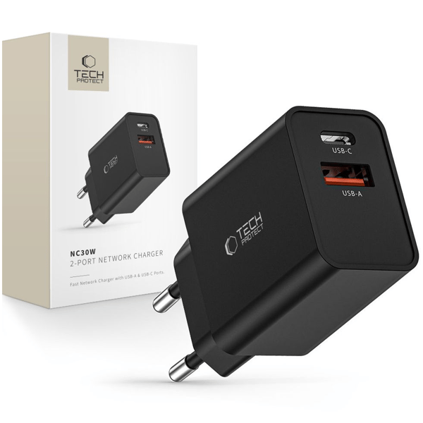 TECH-PROTECT NC30W 2-PORTTISEN VERKKOLATARI PD30W/QC3.0 MUSTA