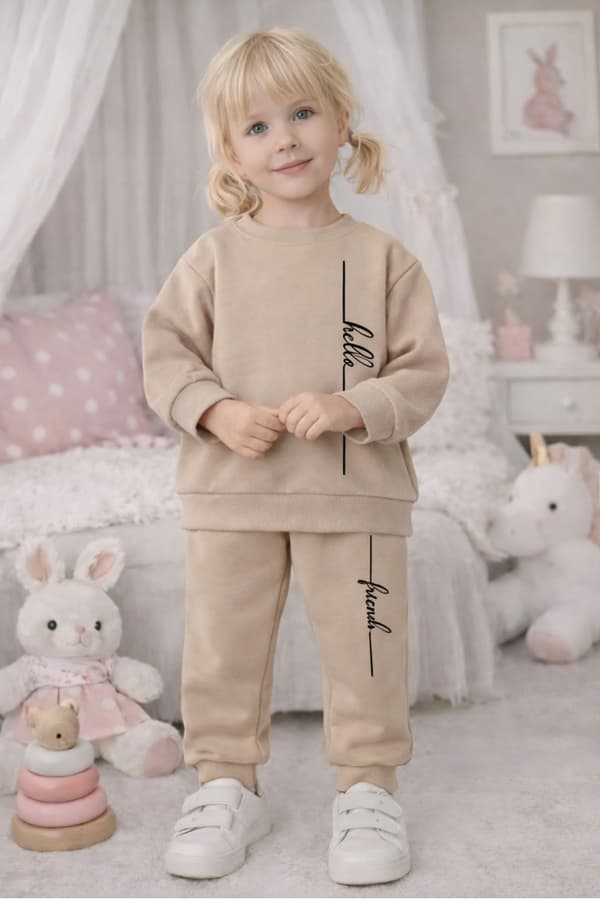WARM barnträningsset 128 tvådelat med tryck beige