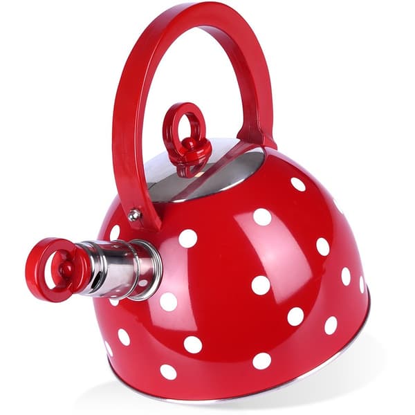 Visslingskittel, stål, röd, prickig, 1,5 l