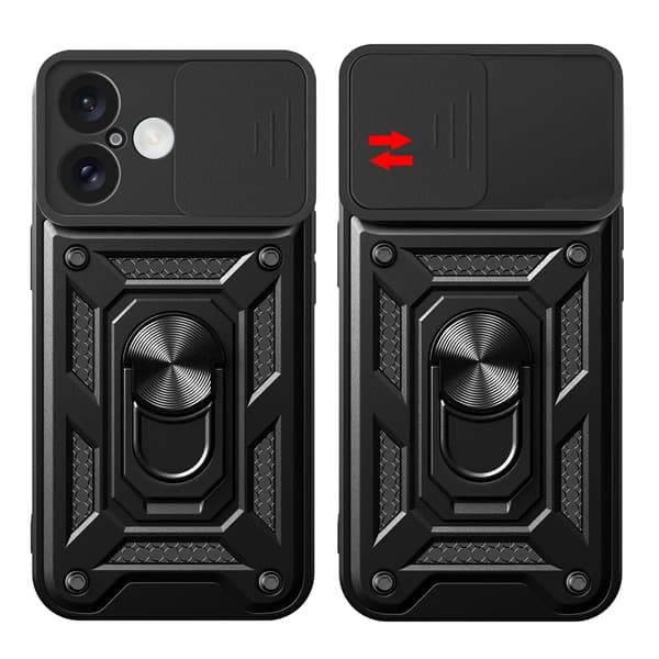 Hybrid Armor Camshield-cover til iPhone 16 Plus med kameracover og stativ - sort