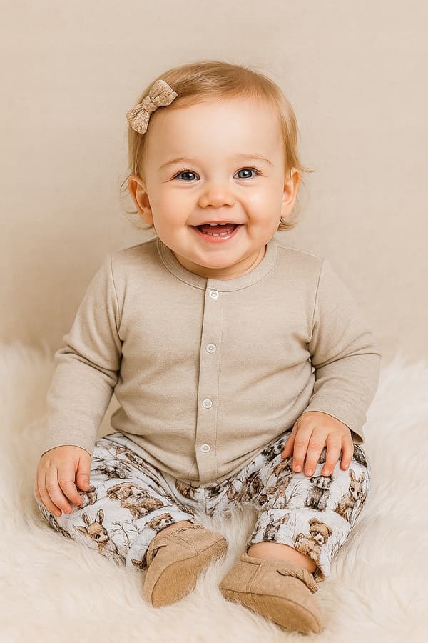 Barnpyjamas i bomull 86 med knapp för sjukhuset, BEIGE DEER